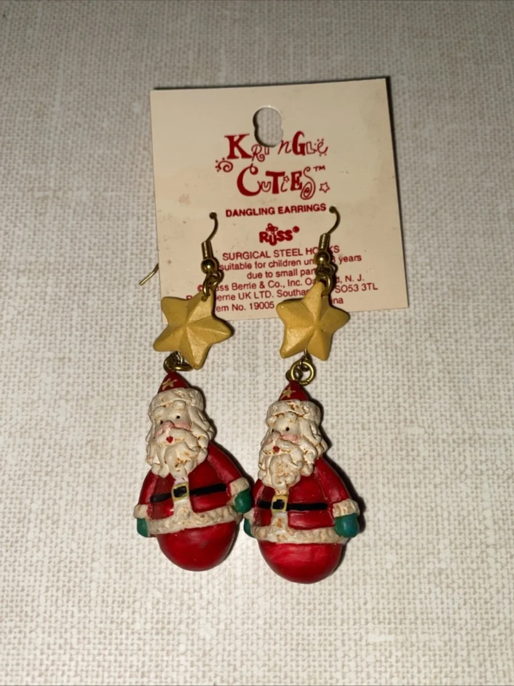 VTG Russ Kringle Cuties Dangle Earrings Surgical Steel Hooks Santa Claus